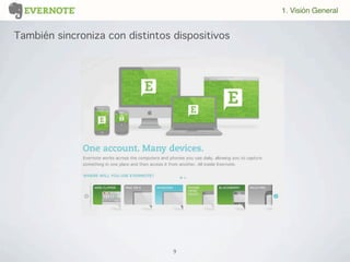 También sincroniza con distintos dispositivos
1. Visión General
9
 