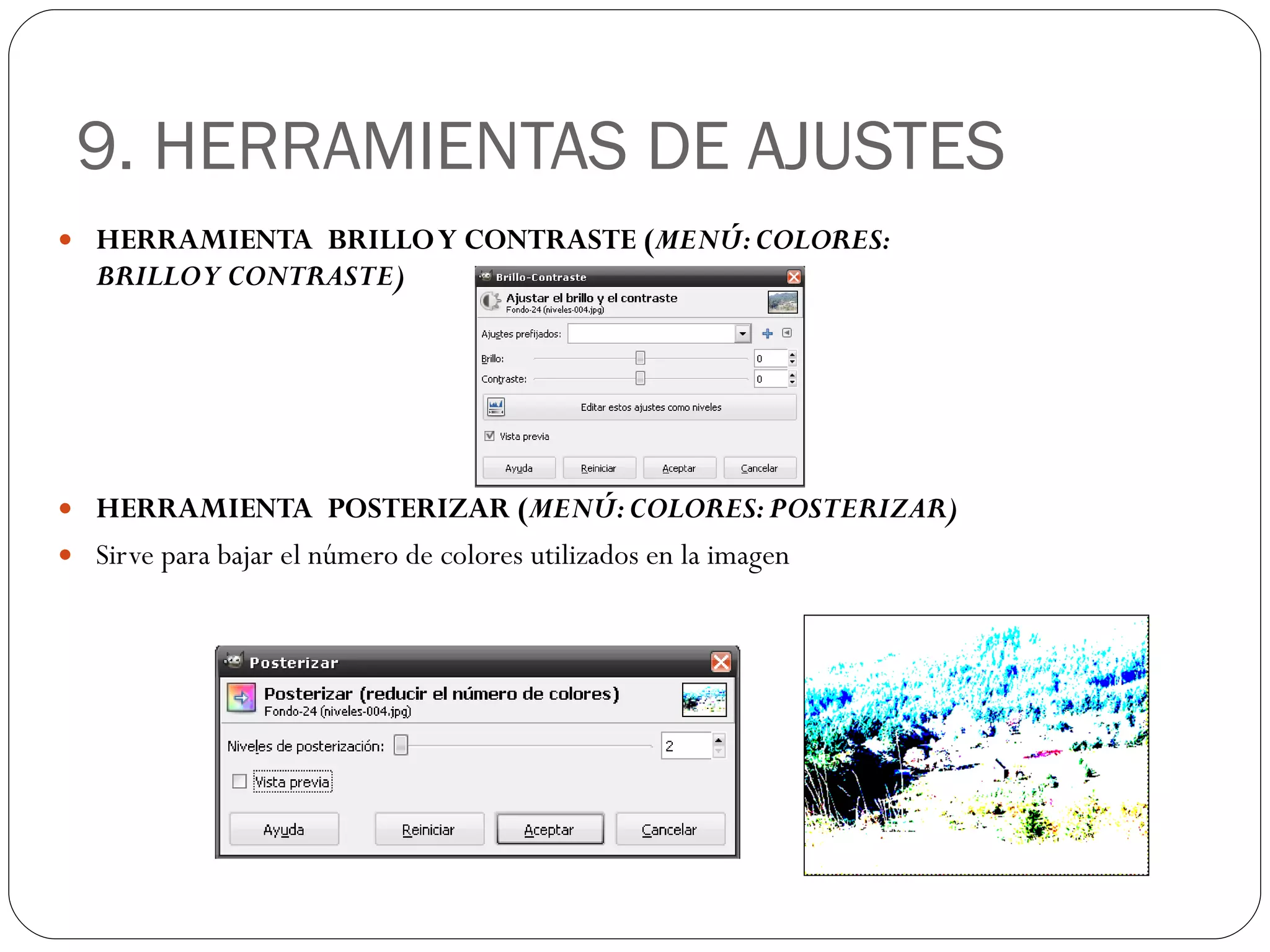 9. HERRAMIENTAS DE AJUSTES HERRAMIENTA  BRILLO Y CONTRASTE ( MENÚ: COLORES: BRILLO Y CONTRASTE) HERRAMIENTA  POSTERIZAR ( MENÚ: COLORES: POSTERIZAR) Sirve para bajar el número de colores utilizados en la imagen 
