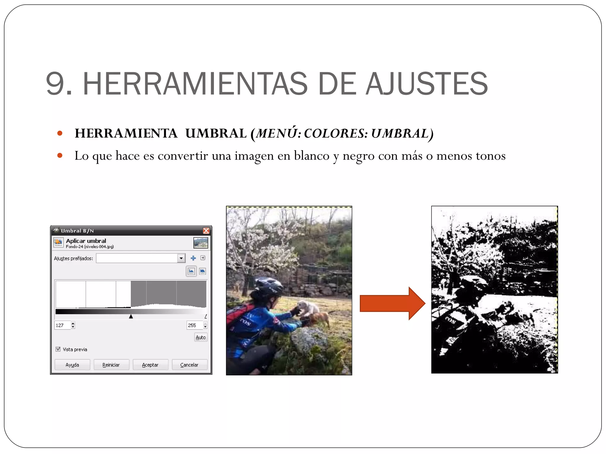 9. HERRAMIENTAS DE AJUSTES HERRAMIENTA  UMBRAL ( MENÚ: COLORES: UMBRAL) Lo que hace es convertir una imagen en blanco y negro con más o menos tonos 