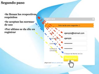 Se llenan los respectivos requisitos Se aceptan las normas de uso Por ultimo se da clic en registrar Segundo paso 