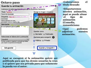 Colocaremos el titulo deseado Etiquetaremos nuestra animación, aquí se puede situar  el tipo de animación (Comedia, romanticismo Aquí podemos adjetivar  nuestra animación. Aquí se escogerá si la animación quiere ser publicada para que los demás usuarias la vean o si quiere que sea privada para que solamente la pueda ver el autor. Octavo paso 