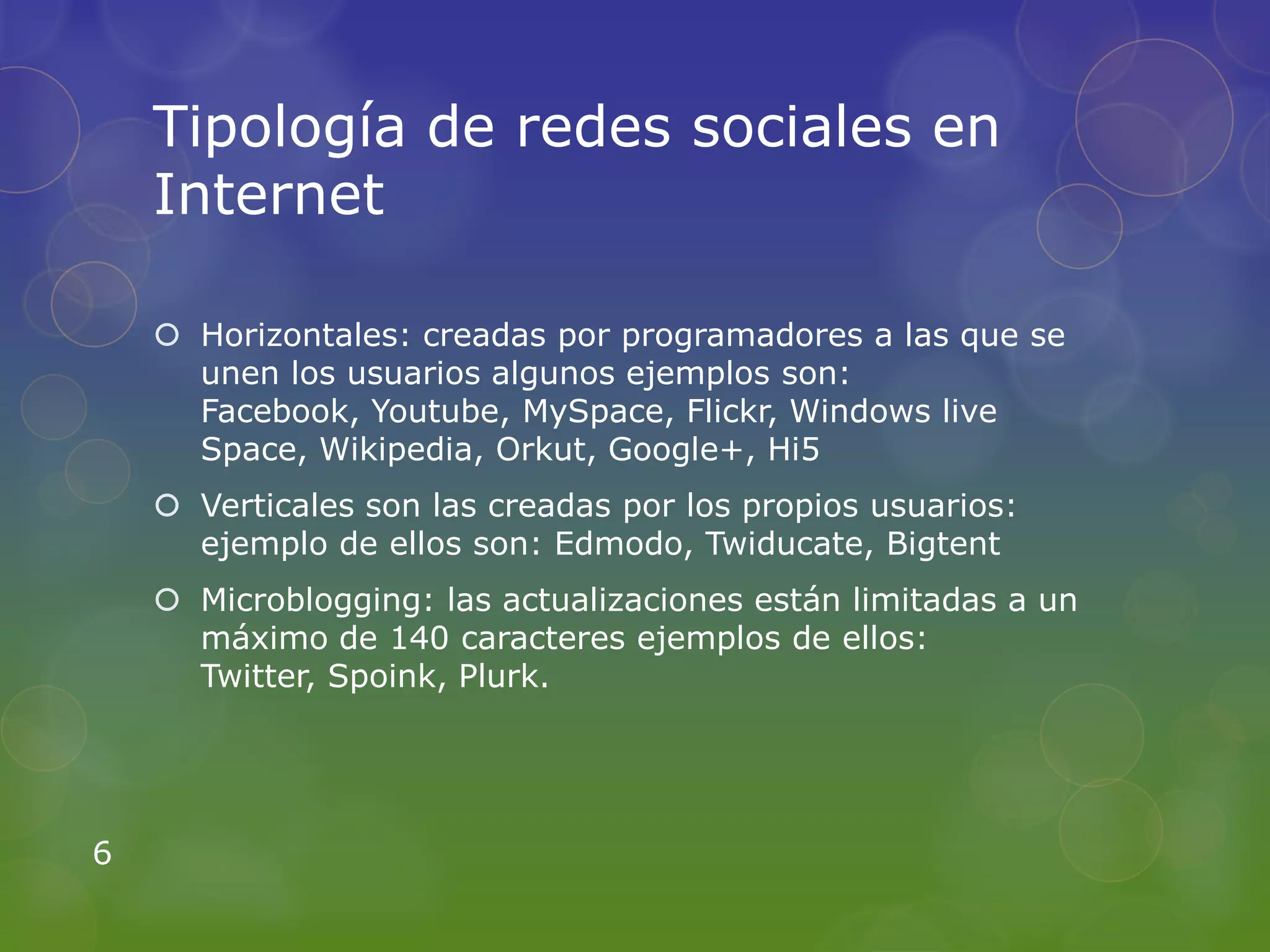 Tipología de redes sociales en
    Internet

     Horizontales: creadas por programadores a las que se
      unen los usuarios algunos ejemplos son:
      Facebook, Youtube, MySpace, Flickr, Windows live
      Space, Wikipedia, Orkut, Google+, Hi5
     Verticales son las creadas por los propios usuarios:
      ejemplo de ellos son: Edmodo, Twiducate, Bigtent
     Microblogging: las actualizaciones están limitadas a un
      máximo de 140 caracteres ejemplos de ellos:
      Twitter, Spoink, Plurk.




6
 