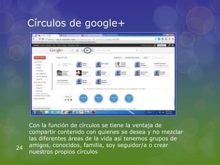 Círculos de google+




     Con la función de círculos se tiene la ventaja de
     compartir contenido con quienes se desea y no mezclar
     las diferentes áreas de la vida así tenemos grupos de
     amigos, conocidos, familia, soy seguidor/a o crear
24
     nuestros propios círculos
 