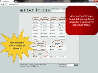 Nos muestra
ahora lo que es
el menú
Aquí escogeremos el
tema del que se desea
aprender o conocer un
poco mas como :
 