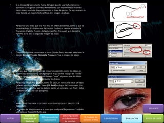 •     Si la linea está ligeramente fuera de lugar, puede usar la herramiente
        borrador. En lugar de usar esta herramienta con movimientos de arriba
        hacia abajo, muévala diagonalmente a la línea de vector. De esta manera la
        línea tendrá un mejor efecto al final. Ver imagen de abajo.




        Para crear una línea que sea mas fina en ambos extremos, como la que se
        muestra abajo. En la Ventana de Formas Dinâmicas cambie el control a
        Transición (Fade) a Presión de la plumas (Pen Pressure), y el diámetro
        mínimo a 1%. Vea la segunda imagen de abajo.




        Cuando seleccione contornear el trazo (Stroke Path) esta vez, selecione la
        opción Simular Presión (Simulate Pressure). Vea la imagen de abajo.




        Una vez que haya terminado de creaer una sección, como los lábios, es
        importante compararlos côn el original. Haga visible lla capa de “fondo”
        blanco. Haga invisible e invisible la capa “tope”, si parece que los lábios
        “saltan”, entonces tendrá que ajustar los trazos.
  •     Para crear líneas más gruesas, como lãs cejas, es necesario crear un trazo
        cerrado y escoger Rellenar Trazo (Fill Path) en lugar de Contornear. (Un
        trazo cerrado significa que no deberá existir un principio y un final – debe
        ser como un círculo o un polígono).




        MAKE SURE THE PATH IS CLOSED! = ASEGURESE QUE EL TRAZO ESTÁ
        CERRADO!
  •     La imagen de abajo muestra el trazo que creé para lãs pestanas. También                                                      SIGUIENTE
        use Rellenar Trazo (Fill Path) aca.
                  Tutorial de                               2) Configuración
                                    1) Preparando las                               3) Creando los
AUTOR           Ilustración en                             de la herramienta                          EJEMPLO FINAL   EVALUACION   AYUDA EN LINEA
                                      capas (layers)                               vectores (Paths)
                   Vectores                                    de pinceles.
 