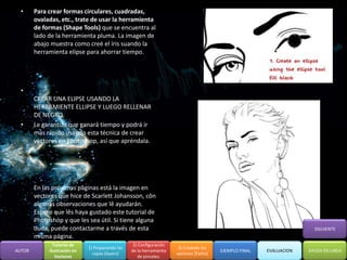 •     Para crear formas circulares, cuadradas,
        ovaladas, etc., trate de usar la herramienta
        de formas (Shape Tools) que se encuentra al
        lado de la herramienta pluma. La imagen de
        abajo muestra como creé el íris suando la
        herramienta elipse para ahorrar tiempo.




  •
        CREAR UNA ELIPSE USANDO LA
        HERRAMIENTE ELLIPSE Y LUEGO RELLENAR
        DE NEGRO.
  •     Le garantizo que ganará tiempo y podrá ir
        más rápido usando esta técnica de crear
        vectores en Photoshop, así que apréndala.




        En las próximas páginas está la imagen en
        vectores que hice de Scarlett Johansson, côn
        algunas observaciones que lê ayudarán.
        Espero que lês haya gustado este tutorial de
        Photoshop y que les sea útil. Si tiene alguna
        duda, puede contactarme a través de esta                                                                        SIGUIENTE
        misma página.
               Tutorial de                         2) Configuración
                              1) Preparando las                        3) Creando los
AUTOR        Ilustración en                       de la herramienta                      EJEMPLO FINAL   EVALUACION   AYUDA EN LINEA
                                capas (layers)                        vectores (Paths)
                Vectores                              de pinceles.
 