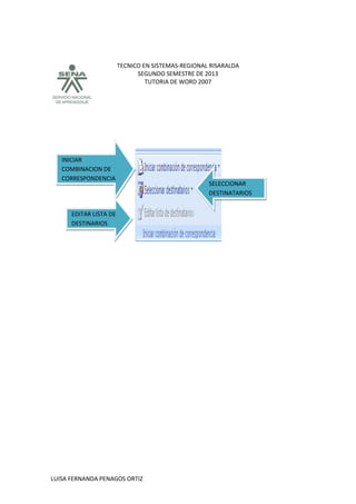 TECNICO EN SISTEMAS-REGIONAL RISARALDA
SEGUNDO SEMESTRE DE 2013
TUTORIA DE WORD 2007
LUISA FERNANDA PENAGOS ORTIZ
SELECCIONAR
DESTINATARIOS
INICIAR
COMBINACION DE
CORRESPONDENCIA
EDITAR LISTA DE
DESTINARIOS
 
