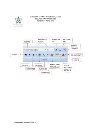 TECNICO EN SISTEMAS-REGIONAL RISARALDA
SEGUNDO SEMESTRE DE 2013
TUTORIA DE WORD 2007
LUISA FERNANDA PENAGOS ORTIZ
FUENTE
TAMAÑO DE
FUENTE
AGRANDAR
FTE
ENCOGER
FTE
BORRAR
FORMATO
NEGRITA
CURSIVA
SUBRAYADO
TACHADO
SUBINDICE
SUPERINDICE
CAMBIO MAY
MINUSCULAS
COLOR
RESALTADO
DE TEXTO
COLOR FUENTE
FUENTE
 