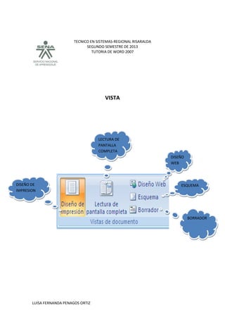 TECNICO EN SISTEMAS-REGIONAL RISARALDA
SEGUNDO SEMESTRE DE 2013
TUTORIA DE WORD 2007
LUISA FERNANDA PENAGOS ORTIZ
VISTA
DISEÑO
WEB
ESQUEMA
BORRADOR
DISEÑO DE
IMPRESION
LECTURA DE
PANTALLA
COMPLETA
 