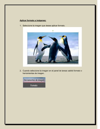 Aplicar formato a imágenes:

1. Seleccione la imagen que desee aplicar formato.




2. Cuando seleccione la imagen en el panel de tareas saldrá formato o
   herramientas de imagen.
 