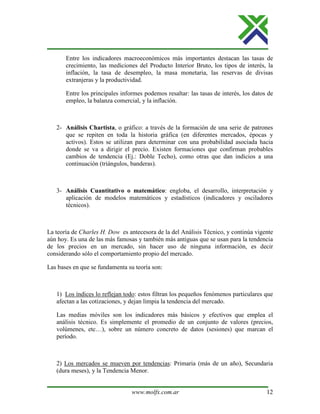 www.molfx.com.ar 12
Entre los indicadores macroeconómicos más importantes destacan las tasas de
crecimiento, las mediciones del Producto Interior Bruto, los tipos de interés, la
inflación, la tasa de desempleo, la masa monetaria, las reservas de divisas
extranjeras y la productividad.
Entre los principales informes podemos resaltar: las tasas de interés, los datos de
empleo, la balanza comercial, y la inflación.
2- Análisis Chartista, o gráfico: a través de la formación de una serie de patrones
que se repiten en toda la historia gráfica (en diferentes mercados, épocas y
activos). Estos se utilizan para determinar con una probabilidad asociada hacia
donde se va a dirigir el precio. Existen formaciones que confirman probables
cambios de tendencia (Ej.: Doble Techo), como otras que dan indicios a una
continuación (triángulos, banderas).
3- Análisis Cuantitativo o matemático: engloba, el desarrollo, interpretación y
aplicación de modelos matemáticos y estadísticos (indicadores y osciladores
técnicos).
La teoría de Charles H. Dow es antecesora de la del Análisis Técnico, y continúa vigente
aún hoy. Es una de las más famosas y también más antiguas que se usan para la tendencia
de los precios en un mercado, sin hacer uso de ninguna información, es decir
considerando sólo el comportamiento propio del mercado.
Las bases en que se fundamenta su teoría son:
1) Los índices lo reflejan todo: estos filtran los pequeños fenómenos particulares que
afectan a las cotizaciones, y dejan limpia la tendencia del mercado.
Las medias móviles son los indicadores más básicos y efectivos que emplea el
análisis técnico. Es simplemente el promedio de un conjunto de valores (precios,
volúmenes, etc…), sobre un número concreto de datos (sesiones) que marcan el
período.
2) Los mercados se mueven por tendencias: Primaria (más de un año), Secundaria
(dura meses), y la Tendencia Menor.
 