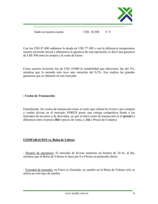 www.molfx.com.ar 6
Saldo en nuestra cuenta U$S 10.300 € 0
Con los U$S 87.400 saldamos la deuda de U$S 77.100 y con la diferencia recuperamos
nuestra inversión inicial y obtenemos la ganancia de esta operación, es decir una ganancia
de U$S 300 entre la compra y la venta de Euros.
Como nuestra inversión fue de U$S 10.000 la rentabilidad que obtuvimos fue del 3%,
mientras que la moneda solo tuvo una variación del 0,3%. Eso explica las grandes
ganancias que se obtienen en este mercado.
- Costos de Transacción
Entendiendo los costos de transacción como el costo que cobran los brokers por comprar
y vender divisas en el mercado, FOREX posee una ventaja competitiva frente a los
mercados de acciones y de derivados, ya que el único costo de transacción es el spread (o
diferencia entre el precio Bid o precio de venta, y Ask o Precio de Compra).
COMPARACION vs. Bolsa de Valores
- Horario de operatoria: El mercado de divisas mantiene un horario de 24 hs. al día,
mientras que la Bolsa de Valores lo hace por 8 a 9 horas en promedio diario.
- Variedad de monedas: en Forex es ilimitado, en cambio en la Bolsa de Valores solo se
utiliza un solo tipo de cambio.
 
