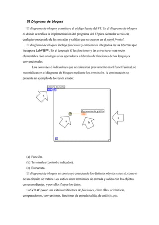 B) Diagrama de bloques
El diagrama de bloques constituye el código fuente del VI. En el diagrama de bloques
es donde se realiza la implementación del programa del VI para controlar o realizar
cualquier procesado de las entradas y salidas que se crearon en el panel frontal.
El diagrama de bloques incluye funciones y estructuras integradas en las librerías que
incorpora LabVIEW. En el lenguaje G las funciones y las estructuras son nodos
elementales. Son análogas a los operadores o librerías de funciones de los lenguajes
convencionales.
Los controles e indicadores que se colocaron previamente en el Panel Frontal, se
materializan en el diagrama de bloques mediante los terminales. A continuación se
presenta un ejemplo de lo recién citado:

b

a

c
b

(a) Función.
(b) Terminales (control e indicador).
(c) Estructura.
El diagrama de bloques se construye conectando los distintos objetos entre sí, como si
de un circuito se tratara. Los cables unen terminales de entrada y salida con los objetos
correspondientes, y por ellos fluyen los datos.
LabVIEW posee una extensa biblioteca de funciones, entre ellas, aritméticas,
comparaciones, conversiones, funciones de entrada/salida, de análisis, etc.

 
