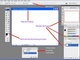 Sub menú

Hoja de trabajo

Páneles de tareas

Barra de herramientas principal

Historial de
acciones
realizadas

 