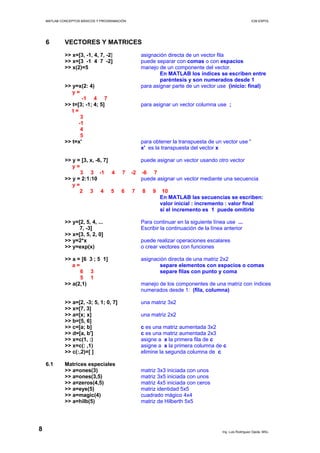 MATLAB CONCEPTOS BÁSICOS Y PROGRAMACIÓN ICM ESPOL
6 VECTORES Y MATRICES
>> x=[3, -1, 4, 7, -2] asignación directa de un vector fila
>> x=[3 -1 4 7 -2] puede separar con comas o con espacios
>> x(2)=5 manejo de un componente del vector.
En MATLAB los índices se escriben entre
paréntesis y son numerados desde 1
>> y=x(2: 4) para asignar parte de un vector use (inicio: final)
y =
-1 4 7
>> t=[3; -1; 4; 5] para asignar un vector columna use ;
t =
3
-1
4
5
>> t=x' para obtener la transpuesta de un vector use '
x' es la transpuesta del vector x
>> y = [3, x, -6, 7] puede asignar un vector usando otro vector
y =
3 3 -1 4 7 -2 -6 7
>> y = 2:1:10 puede asignar un vector mediante una secuencia
y =
2 3 4 5 6 7 8 9 10
En MATLAB las secuencias se escriben:
valor inicial : incremento : valor final
si el incremento es 1 puede omitirlo
>> y=[2, 5, 4, ... Para continuar en la siguiente línea use ...
7, -3] Escribir la continuación de la línea anterior
>> x=[3, 5, 2, 0]
>> y=2*x puede realizar operaciones escalares
>> y=exp(x) o crear vectores con funciones
>> a = [6 3 ; 5 1] asignación directa de una matriz 2x2
a = separe elementos con espacios o comas
6 3 separe filas con punto y coma
5 1
>> a(2,1) manejo de los componentes de una matriz con índices
numerados desde 1: (fila, columna)
>> a=[2, -3; 5, 1; 0, 7] una matriz 3x2
>> x=[7, 3]
>> a=[x; x] una matriz 2x2
>> b=[5, 6]
>> c=[a; b] c es una matriz aumentada 3x2
>> d=[a, b'] c es una matriz aumentada 2x3
>> x=c(1, :) asigne a x la primera fila de c
>> x=c(: ,1) asigne a x la primera columna de c
>> c(:,2)=[ ] elimine la segunda columna de c
6.1 Matrices especiales
>> a=ones(3) matriz 3x3 iniciada con unos
>> a=ones(3,5) matriz 3x5 iniciada con unos
>> a=zeros(4,5) matriz 4x5 iniciada con ceros
>> a=eye(5) matriz identidad 5x5
>> a=magic(4) cuadrado mágico 4x4
>> a=hilb(5) matriz de Hilberth 5x5
Ing. Luis Rodríguez Ojeda, MSc.
8
 