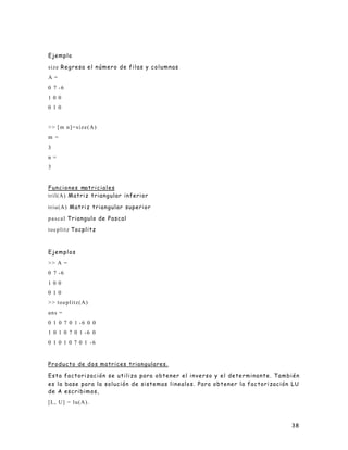 38
Ejemplo
size Regresa el número de filas y columnas
A =
0 7 -6
1 0 0
0 1 0
>> [m n]=size(A)
m =
3
n =
3
Funciones matriciales
tril(A) Matriz triangular inferior
triu(A) Matriz triangular superior
pascal Triangulo de Pascal
tocplitz Tocplitz
Ejemplos
>> A =
0 7 -6
1 0 0
0 1 0
>> toeplitz(A)
ans =
0 1 0 7 0 1 -6 0 0
1 0 1 0 7 0 1 -6 0
0 1 0 1 0 7 0 1 -6
Producto de dos matrices triangulares.
Esta factorización se utiliza para obtener el inverso y el determinante. También
es la base para la solución de sistemas lineales. Para obtener la factorización LU
de A escribimos,
[L, U] = lu(A).
 