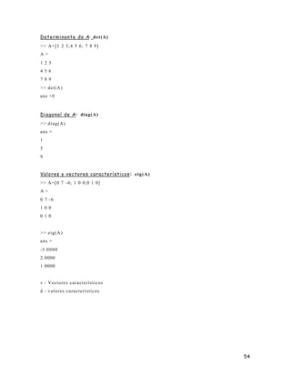 54
Determinante de A: det(A)
>> A=[1 2 3;4 5 6; 7 8 9]
A =
1 2 3
4 5 6
7 8 9
>> det(A)
ans =0
Diagonal de A: diag(A)
>> diag(A)
ans =
1
5
9
Valores y vectores característicos: eig(A)
>> A=[0 7 -6; 1 0 0;0 1 0]
A =
0 7 -6
1 0 0
0 1 0
>> eig(A)
ans =
-3.0000
2.0000
1.0000
v - Vectores característicos
d - valores característicos
 