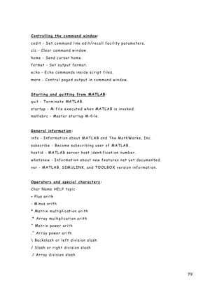79
Controlling the command window:
cedit - Set command line edit/recall facility parameters.
clc - Clear command window.
home - Send cursor home.
format - Set output format.
echo - Echo commands inside script files.
more - Control paged output in command window.
Starting and quitting from MATLAB:
quit - Terminate MATLAB.
startup - M-file executed when MATLAB is invoked.
matlabrc - Master startup M-file.
General information:
info - Information about MATLAB and The MathWorks, Inc.
subscribe - Become subscribing user of MATLAB.
hostid - MATLAB server host identificati on number.
whatsnew - Information about new features not yet documented.
ver - MATLAB, SIMULINK, and TOOLBOX version information.
Operators and special characters:
Char Name HELP topic
+ Plus arith
- Minus arith
* Matrix multiplication arith
.* Array multiplication arith
^ Matrix power arith
.^ Array power arith
 Backslash or left division slash
/ Slash or right division slash
./ Array division slash
 