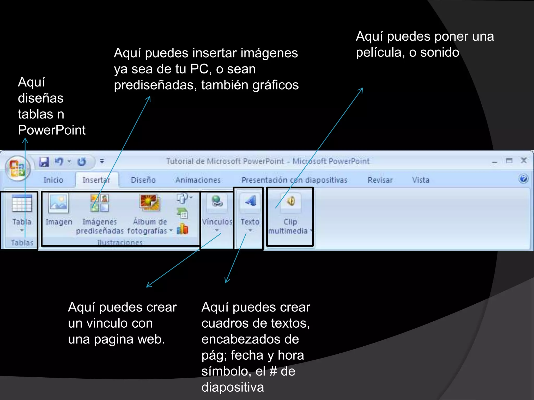 Aquí puedes poner una
              Aquí puedes insertar imágenes      película, o sonido
              ya sea de tu PC, o sean
Aquí          prediseñadas, también gráficos
diseñas
tablas n
PowerPoint




       Aquí puedes crear    Aquí puedes crear
       un vinculo con       cuadros de textos,
       una pagina web.      encabezados de
                            pág; fecha y hora
                            símbolo, el # de
                            diapositiva
 