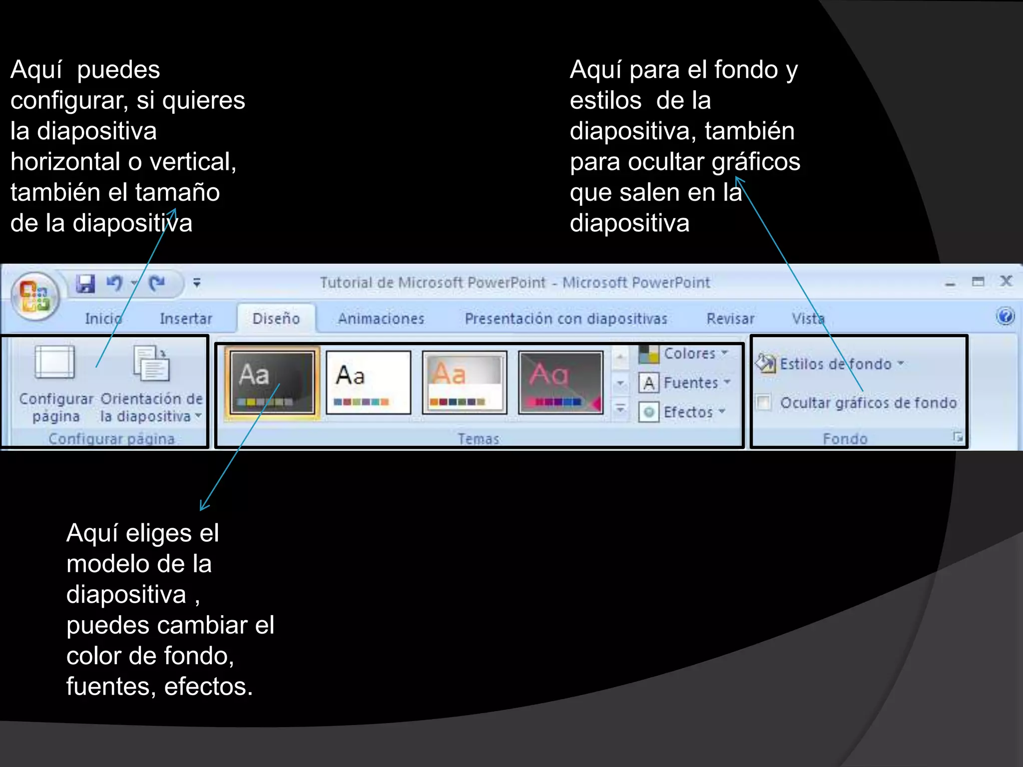 Aquí puedes              Aquí para el fondo y
configurar, si quieres   estilos de la
la diapositiva           diapositiva, también
horizontal o vertical,   para ocultar gráficos
también el tamaño        que salen en la
de la diapositiva        diapositiva




     Aquí eliges el
     modelo de la
     diapositiva ,
     puedes cambiar el
     color de fondo,
     fuentes, efectos.
 
