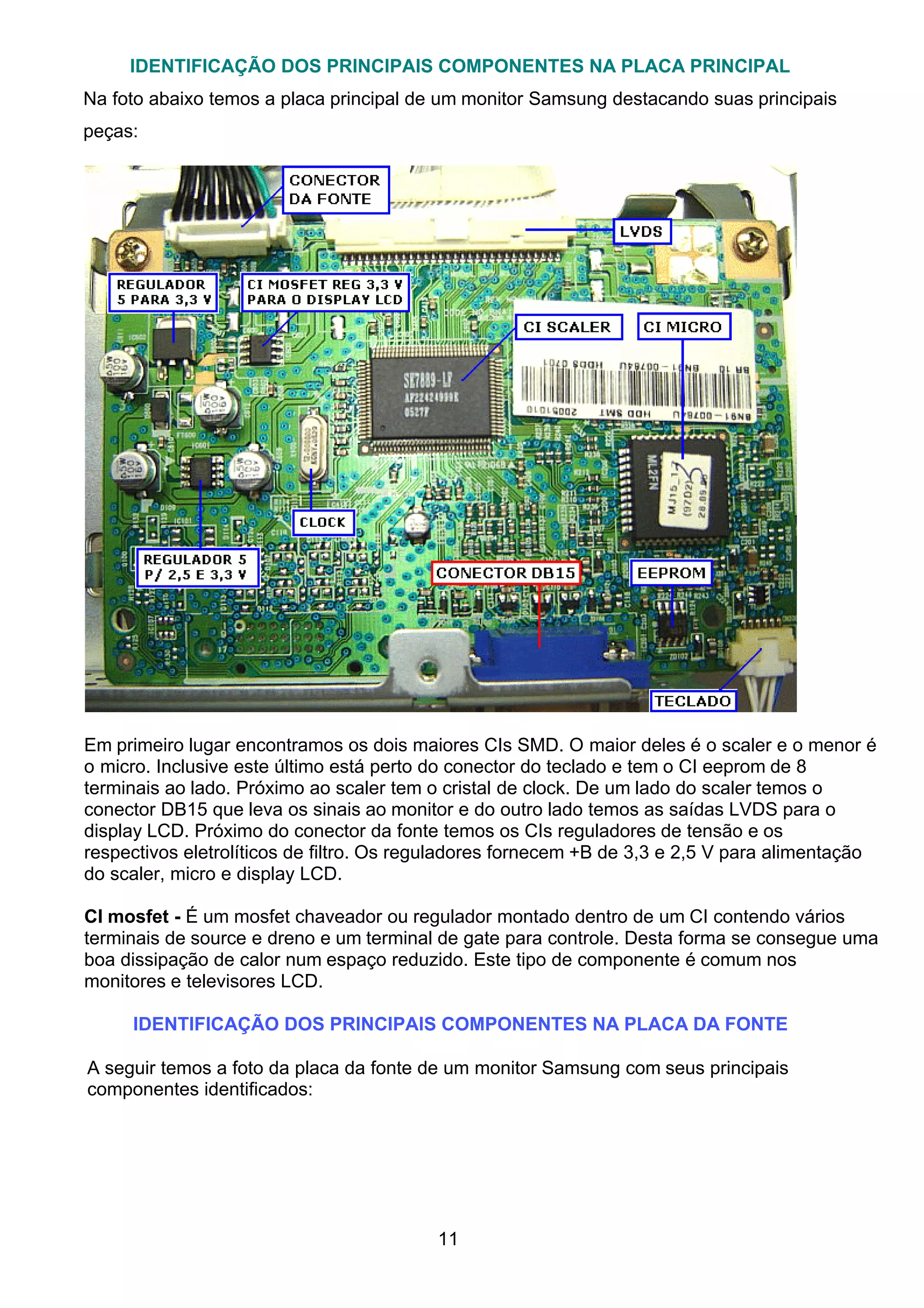 IDENTIFICAÇÃO DOS PRINCIPAIS COMPONENTES NA PLACA PRINCIPAL
Na foto abaixo temos a placa principal de um monitor Samsung destacando suas principais
peças:
Em primeiro lugar encontramos os dois maiores CIs SMD. O maior deles é o scaler e o menor é
o micro. Inclusive este último está perto do conector do teclado e tem o CI eeprom de 8
terminais ao lado. Próximo ao scaler tem o cristal de clock. De um lado do scaler temos o
conector DB15 que leva os sinais ao monitor e do outro lado temos as saídas LVDS para o
display LCD. Próximo do conector da fonte temos os CIs reguladores de tensão e os
respectivos eletrolíticos de filtro. Os reguladores fornecem +B de 3,3 e 2,5 V para alimentação
do scaler, micro e display LCD.
CI mosfet - É um mosfet chaveador ou regulador montado dentro de um CI contendo vários
terminais de source e dreno e um terminal de gate para controle. Desta forma se consegue uma
boa dissipação de calor num espaço reduzido. Este tipo de componente é comum nos
monitores e televisores LCD.
IDENTIFICAÇÃO DOS PRINCIPAIS COMPONENTES NA PLACA DA FONTE
A seguir temos a foto da placa da fonte de um monitor Samsung com seus principais
componentes identificados:
11
 