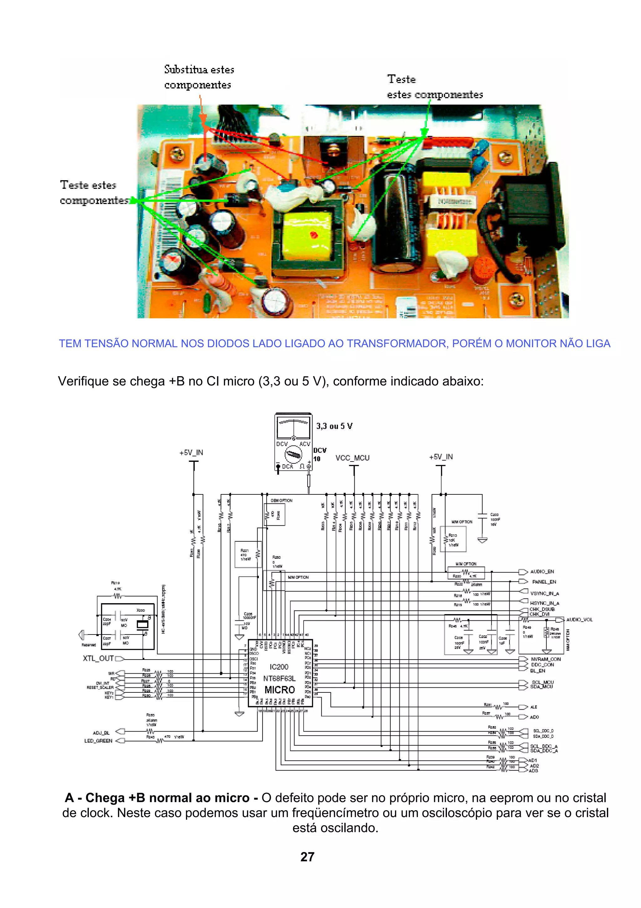 TEM TENSÃO NORMAL NOS DIODOS LADO LIGADO AO TRANSFORMADOR, PORÉM O MONITOR NÃO LIGA
Verifique se chega +B no CI micro (3,3 ou 5 V), conforme indicado abaixo:
A - Chega +B normal ao micro - O defeito pode ser no próprio micro, na eeprom ou no cristal
de clock. Neste caso podemos usar um freqüencímetro ou um osciloscópio para ver se o cristal
está oscilando.
27
 