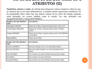 TIPOS DE DATOS DE LOS CAMPOS O
                ATRIBUTOS (II)
Numéricos, enteros y reales. Se utilizan para almacenar valores numéricos sobre los que,
al contrario que en los tipos alfanuméricos, se podrán realizar operaciones aritméticas. En
las propiedades delos reales hay que indicar cuántas de las cifras del tamaño asignado
serán decimales (se conoce también como la escala). Los más utilizados son
Integer[INTEGER] y Número[NUMERIC].




                                                                                              11
 