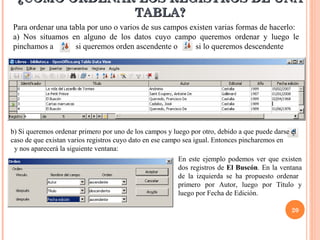 ¿CÓMO ORDENAR LOS REGISTROS DE UNA
               TABLA?
Para ordenar una tabla por uno o varios de sus campos existen varias formas de hacerlo:
a) Nos situamos en alguno de los datos cuyo campo queremos ordenar y luego le
pinchamos a        si queremos orden ascendente o       si lo queremos descendente




b) Si queremos ordenar primero por uno de los campos y luego por otro, debido a que puede darse el
caso de que existan varios registros cuyo dato en ese campo sea igual. Entonces pincharemos en
 y nos aparecerá la siguiente ventana:
                                                          En este ejemplo podemos ver que existen
                                                          dos registros de El Buscón. En la ventana
                                                          de la izquierda se ha propuesto ordenar
                                                          primero por Autor, luego por Título y
                                                          luego por Fecha de Edición.

                                                                                               20
 