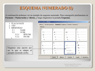 ESQUEMA NUMERADO (I) Tutorial OpenOffice Writer  Autor: Enrique Laín A continuación podemos ver un ejemplo de esquema nume...