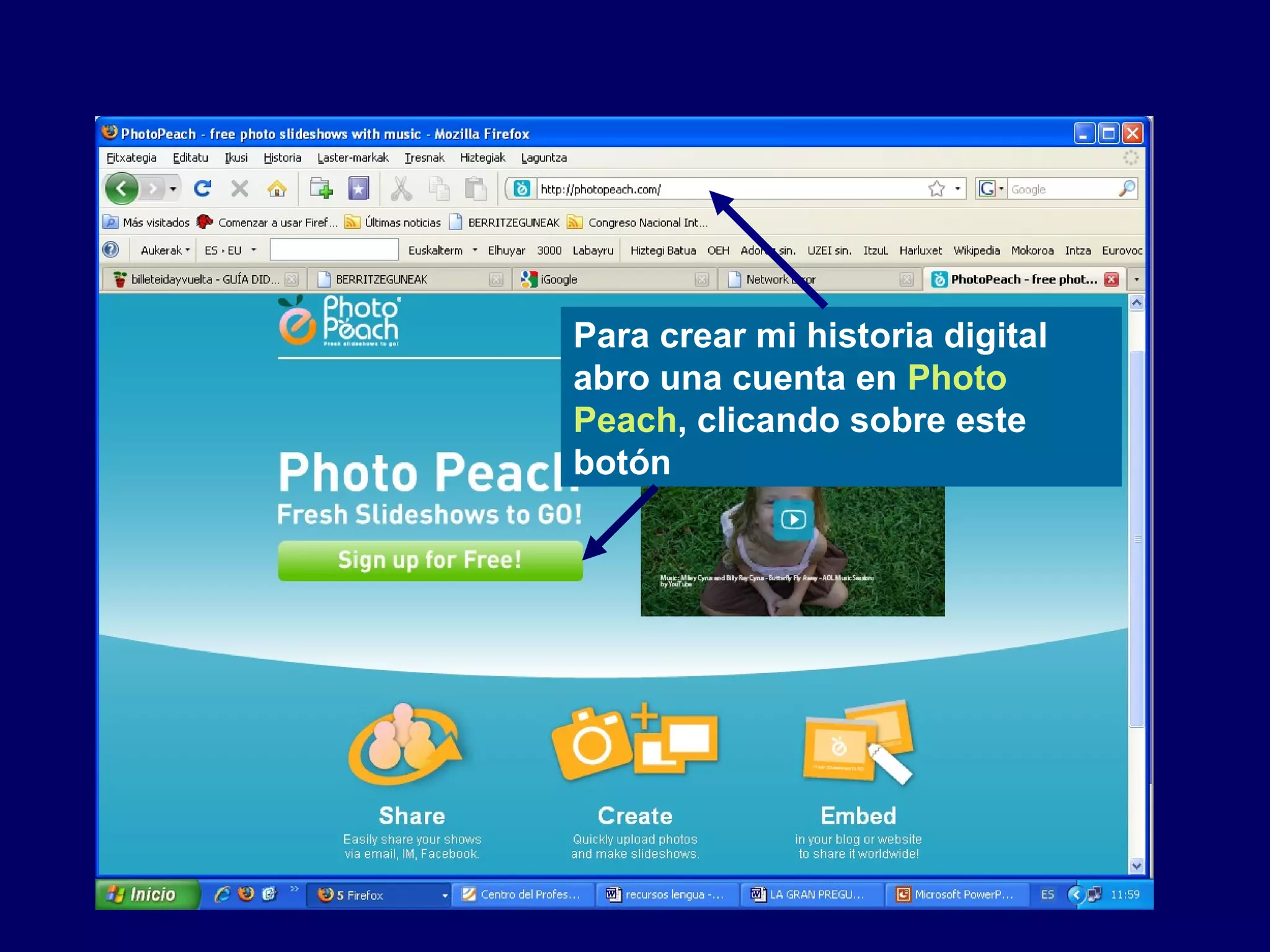 Para crear mi historia digital
abro una cuenta en Photo
Peach, clicando sobre este
botón
 