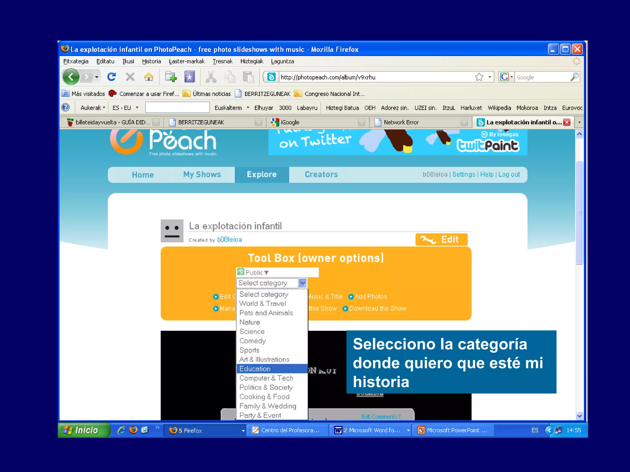 Selecciono la categoría
donde quiero que esté mi
historia
 