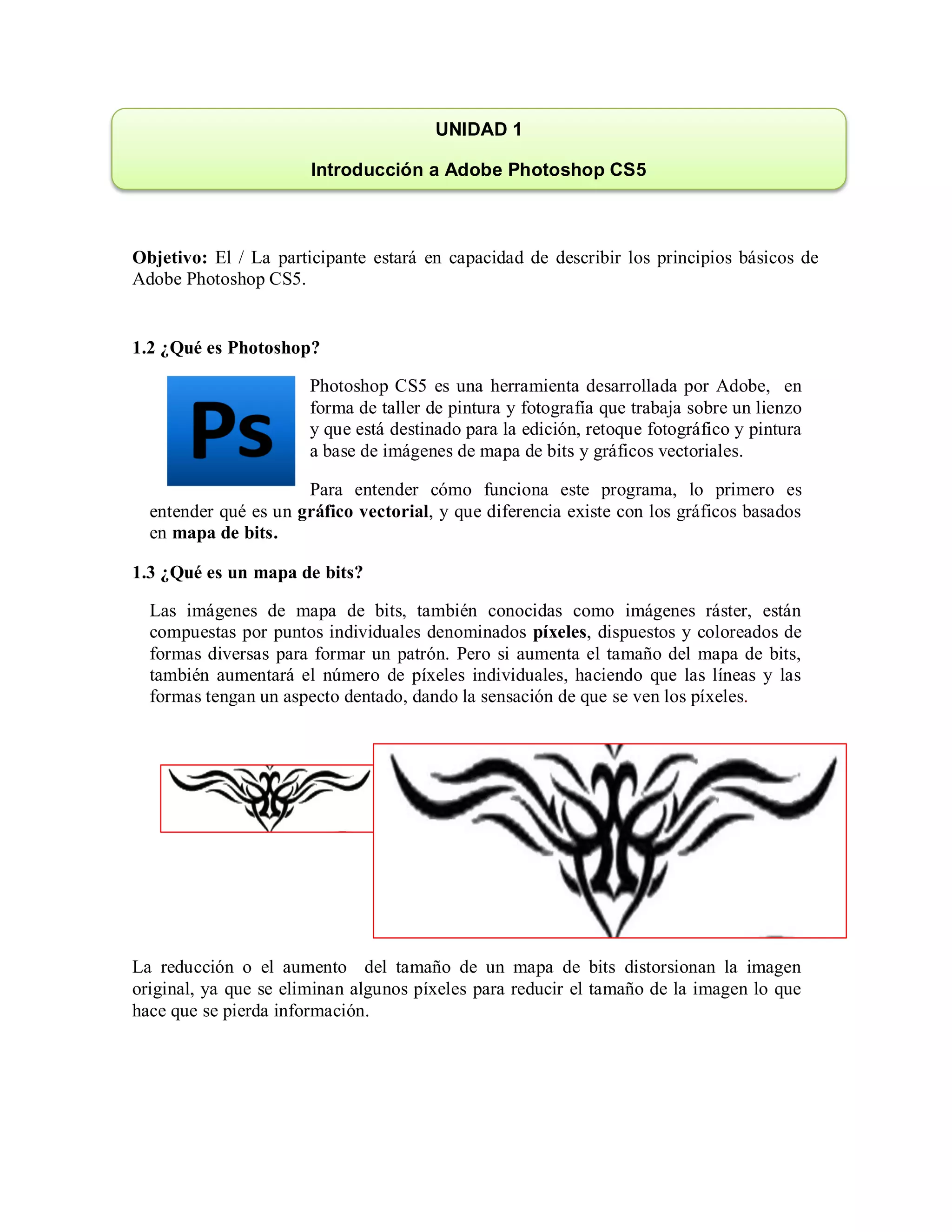 Objetivo: El / La participante estará en capacidad de describir los principios básicos de
Adobe Photoshop CS5.
1.2 ¿Qué es Photoshop?
Photoshop CS5 es una herramienta desarrollada por Adobe, en
forma de taller de pintura y fotografía que trabaja sobre un lienzo
y que está destinado para la edición, retoque fotográfico y pintura
a base de imágenes de mapa de bits y gráficos vectoriales.
Para entender cómo funciona este programa, lo primero es
entender qué es un gráfico vectorial, y que diferencia existe con los gráficos basados
en mapa de bits.
1.3 ¿Qué es un mapa de bits?
Las imágenes de mapa de bits, también conocidas como imágenes ráster, están
compuestas por puntos individuales denominados píxeles, dispuestos y coloreados de
formas diversas para formar un patrón. Pero si aumenta el tamaño del mapa de bits,
también aumentará el número de píxeles individuales, haciendo que las líneas y las
formas tengan un aspecto dentado, dando la sensación de que se ven los píxeles.
La reducción o el aumento del tamaño de un mapa de bits distorsionan la imagen
original, ya que se eliminan algunos píxeles para reducir el tamaño de la imagen lo que
hace que se pierda información.
UNIDAD 1
Introducción a Adobe Photoshop CS5
 