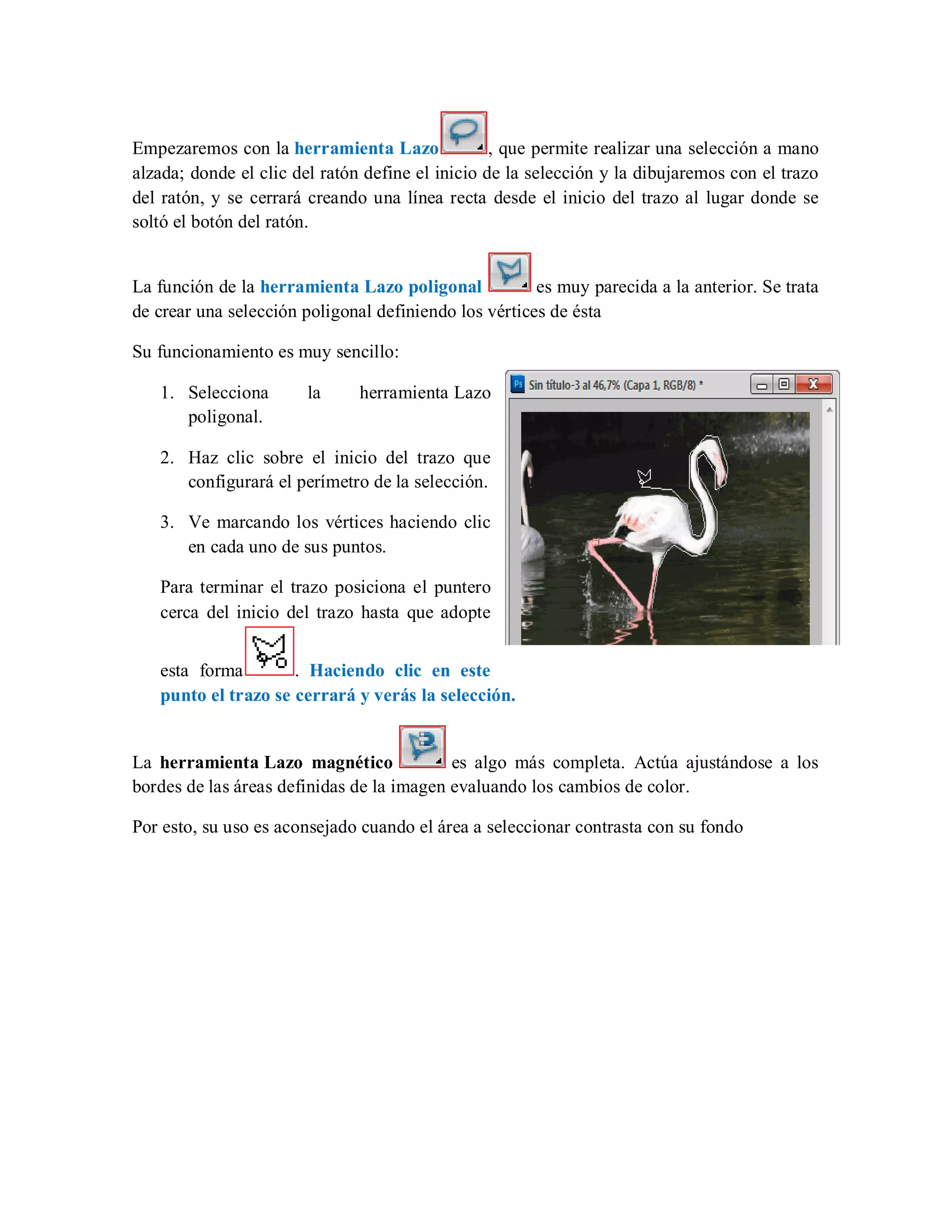 Empezaremos con la herramienta Lazo , que permite realizar una selección a mano
alzada; donde el clic del ratón define el inicio de la selección y la dibujaremos con el trazo
del ratón, y se cerrará creando una línea recta desde el inicio del trazo al lugar donde se
soltó el botón del ratón.
La función de la herramienta Lazo poligonal es muy parecida a la anterior. Se trata
de crear una selección poligonal definiendo los vértices de ésta
Su funcionamiento es muy sencillo:
1. Selecciona la herramienta Lazo
poligonal.
2. Haz clic sobre el inicio del trazo que
configurará el perímetro de la selección.
3. Ve marcando los vértices haciendo clic
en cada uno de sus puntos.
Para terminar el trazo posiciona el puntero
cerca del inicio del trazo hasta que adopte
esta forma . Haciendo clic en este
punto el trazo se cerrará y verás la selección.
La herramienta Lazo magnético es algo más completa. Actúa ajustándose a los
bordes de las áreas definidas de la imagen evaluando los cambios de color.
Por esto, su uso es aconsejado cuando el área a seleccionar contrasta con su fondo
 