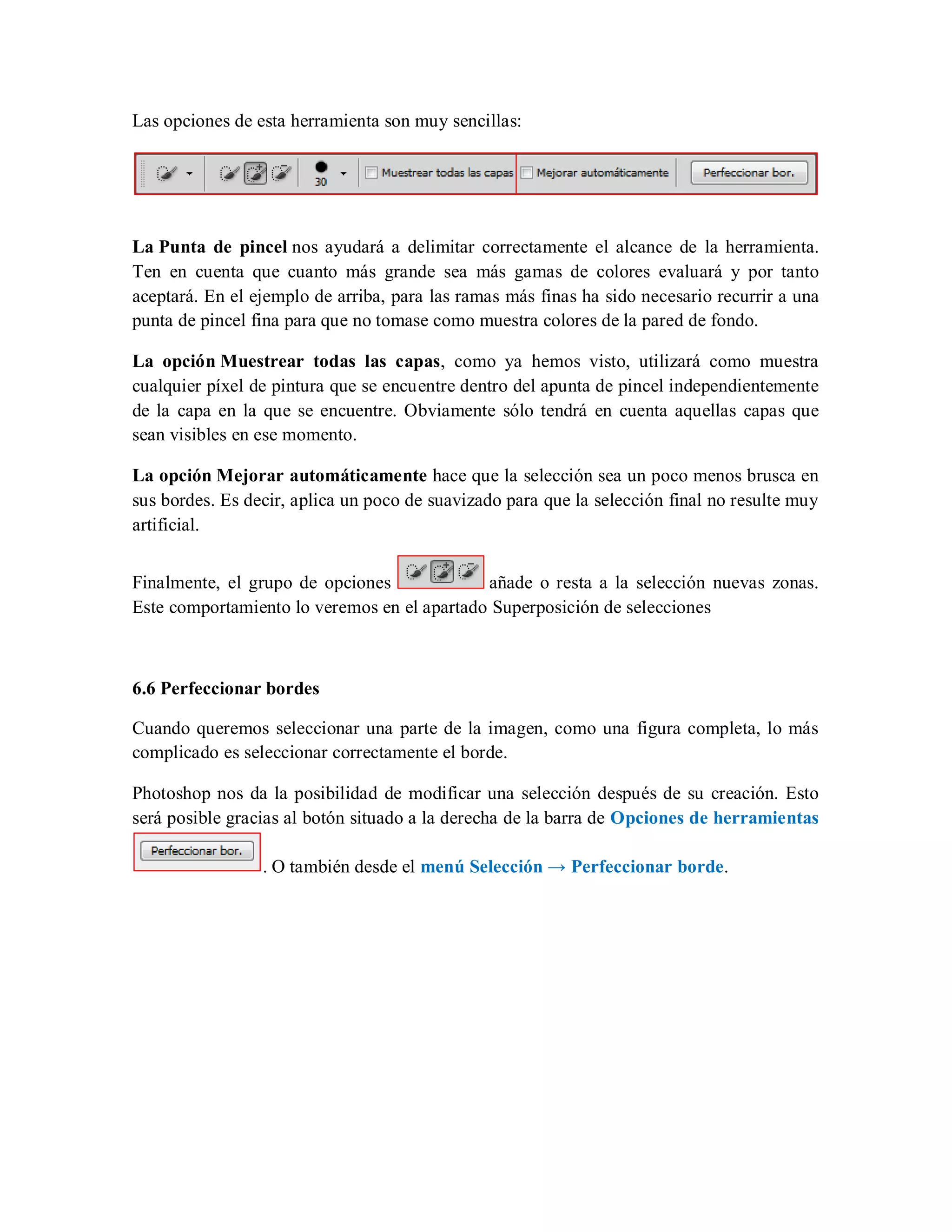 Las opciones de esta herramienta son muy sencillas:
La Punta de pincel nos ayudará a delimitar correctamente el alcance de la herramienta.
Ten en cuenta que cuanto más grande sea más gamas de colores evaluará y por tanto
aceptará. En el ejemplo de arriba, para las ramas más finas ha sido necesario recurrir a una
punta de pincel fina para que no tomase como muestra colores de la pared de fondo.
La opción Muestrear todas las capas, como ya hemos visto, utilizará como muestra
cualquier píxel de pintura que se encuentre dentro del apunta de pincel independientemente
de la capa en la que se encuentre. Obviamente sólo tendrá en cuenta aquellas capas que
sean visibles en ese momento.
La opción Mejorar automáticamente hace que la selección sea un poco menos brusca en
sus bordes. Es decir, aplica un poco de suavizado para que la selección final no resulte muy
artificial.
Finalmente, el grupo de opciones añade o resta a la selección nuevas zonas.
Este comportamiento lo veremos en el apartado Superposición de selecciones
6.6 Perfeccionar bordes
Cuando queremos seleccionar una parte de la imagen, como una figura completa, lo más
complicado es seleccionar correctamente el borde.
Photoshop nos da la posibilidad de modificar una selección después de su creación. Esto
será posible gracias al botón situado a la derecha de la barra de Opciones de herramientas
. O también desde el menú Selección → Perfeccionar borde.
 
