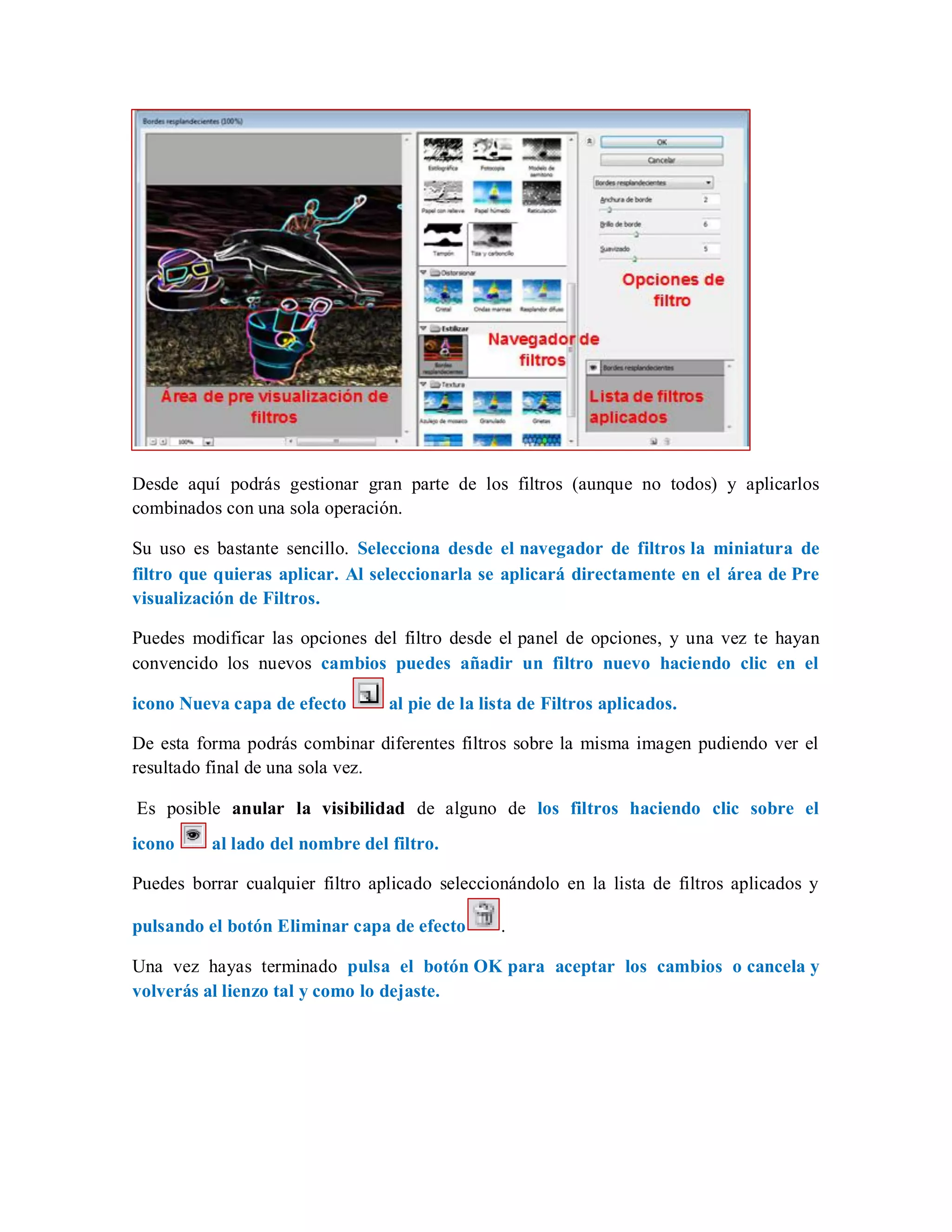 Desde aquí podrás gestionar gran parte de los filtros (aunque no todos) y aplicarlos
combinados con una sola operación.
Su uso es bastante sencillo. Selecciona desde el navegador de filtros la miniatura de
filtro que quieras aplicar. Al seleccionarla se aplicará directamente en el área de Pre
visualización de Filtros.
Puedes modificar las opciones del filtro desde el panel de opciones, y una vez te hayan
convencido los nuevos cambios puedes añadir un filtro nuevo haciendo clic en el
icono Nueva capa de efecto al pie de la lista de Filtros aplicados.
De esta forma podrás combinar diferentes filtros sobre la misma imagen pudiendo ver el
resultado final de una sola vez.
Es posible anular la visibilidad de alguno de los filtros haciendo clic sobre el
icono al lado del nombre del filtro.
Puedes borrar cualquier filtro aplicado seleccionándolo en la lista de filtros aplicados y
pulsando el botón Eliminar capa de efecto .
Una vez hayas terminado pulsa el botón OK para aceptar los cambios o cancela y
volverás al lienzo tal y como lo dejaste.
 