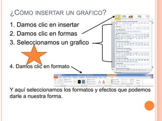 ¿CÓMO INSERTAR UN GRAFICO?
1. Damos clic en insertar
2. Damos clic en formas
3. Seleccionamos un grafico


4. Damos clic en formato



Y aquí seleccionamos los formatos y efectos que podemos
darle a nuestra forma.
 