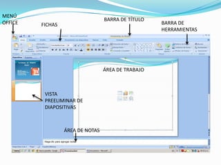MENÚ
                                  BARRA DE TÍTULO
OFFICE   FICHAS                                     BARRA DE
                                                    HERRAMIENTAS




                                  ÁREA DE TRABAJO



          VISTA
          PREELIMINAR DE
          DIAPOSITIVAS



                  ÁREA DE NOTAS
 