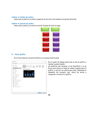 Cambiar el tamaño del gráfico
Seleccione el gráfico y arrastre cualquiera de los ocho controladores con puntos del borde.
Cambiar la posición del gráfico
Seleccione el gráfico y arrastre el borde. El panel de texto le sigue.
6. Crear gráfico
En la ficha Insertar encontrará Gráfico en el grupo Ilustraciones.
En el cuadro de diálogo seleccione el tipo de gráfico a
realizar y pulse Aceptar.
Se muestran dos ventanas, la de PowerPoint y la de
Excel, para indicar el rango de celdas a emplear para el
gráfico, y escribir los valores para ellas. Cambiando la
dimensión del recuadro azul, indica las series y
categorías a utilizar en el gráfico.
Ss
Formación
Respeto
Esfuerzo
Interés
Participación
Aprendizaje
Observación
Estudio
Herramientas
de búsqueda
Taller de
practicas
 