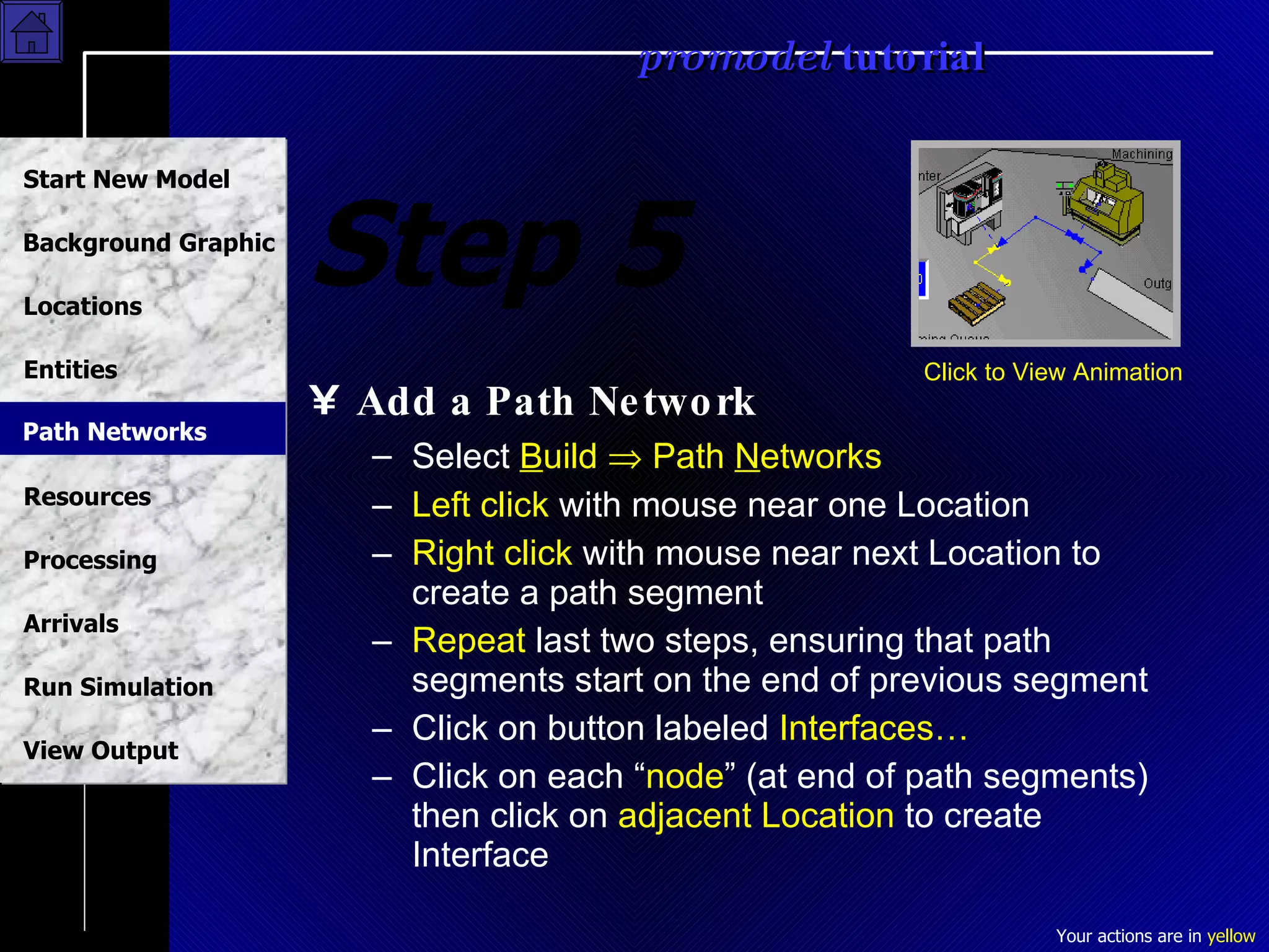 Step 5 Add a Path Network Select  B uild    Path  N etworks Left click  with mouse near one Location Right click  with mouse near next Location to create a path segment Repeat  last two steps, ensuring that path segments start on the end of previous segment Click on button labeled  Interfaces… Click on each “ node ” (at end of path segments) then click on  adjacent Location  to create Interface Click to View Animation Path Networks 