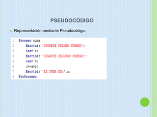 PSEUDOCÓDIGO
 Representación mediante Pseudocódigo:
 