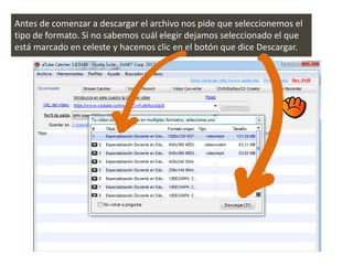 Antes de comenzar a descargar el archivo nos pide que seleccionemos el
tipo de formato. Si no sabemos cuál elegir dejamos seleccionado el que
está marcado en celeste y hacemos clic en el botón que dice Descargar.
 