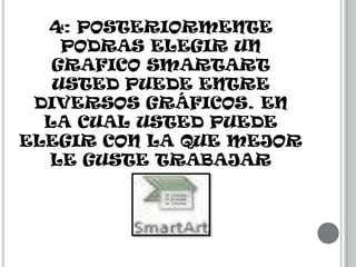 4: POSTERIORMENTE
PODRAS ELEGIR UN
GRAFICO SMARTART
USTED PUEDE ENTRE
DIVERSOS GRÁFICOS. EN
LA CUAL USTED PUEDE
ELEGIR CON LA QUE MEJOR
LE GUSTE TRABAJAR

 