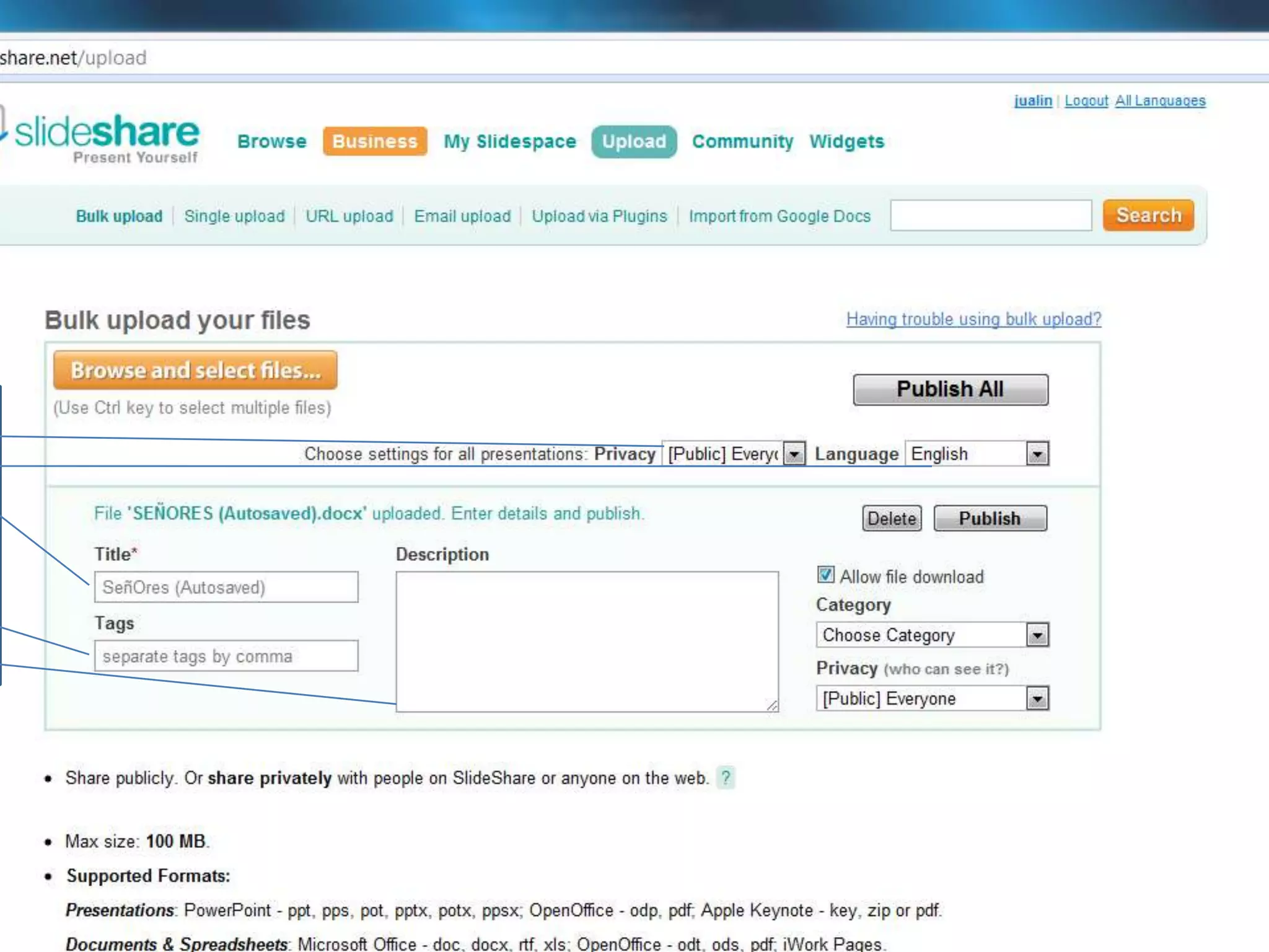 Después se completa la información para cargar la presentacion 