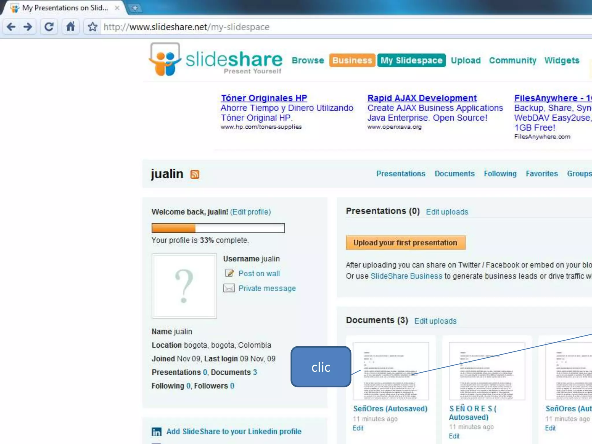 Al estar en my slidespace  damos una vez clic  en el documento  guardadoclic