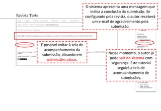 O sistema apresenta uma mensagem que
indica a conclusão da submissão. Se
configurado pela revista, o autor receberá
um e-mail de agradecimento pela
submissão.
É possível voltar à tela de
acompanhamento da
submissão, clicando em
submissões ativas.
Nesse momento, o autor já
pode sair do sistema com
segurança. Este tutorial
seguirá a tela de
acompanhamento de
submissões.
 
