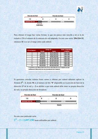 Para obtener el rango hay varias formas, la que me parece más sencilla a mí es la de
restarle a 256 el número de la máscara de red adaptada. En este caso sería: 256-224=32,
entonces 32 va a ser el rango entre cada subred.




Si queremos calcular cuántos hosts vamos a obtener por subred debemos aplicar la
fórmula 2M - 2, donde M es el número de bits "0" disponible en la porción de host de la
dirección IP de la red y - 2 es debido a que toda subred debe tener su propia dirección
de red y su propia dirección de broadcast.




En este caso particular sería:

221 - 2 = 2.097.150 hosts utilizables por subred.



                                                                             Página 10
 