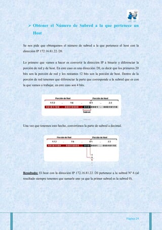  Obtener el Número de Subred a la que pertenece un
       Host

Se nos pide que obtengamos el número de subred a la que pertenece el host con la
dirección IP 172.16.81.22 /20.


Lo primero que vamos a hacer es convertir la dirección IP a binario y diferenciar la
porción de red y de host. En este caso es una dirección /20, es decir que los primeros 20
bits son la porción de red y los restantes 12 bits son la porción de host. Dentro de la
porción de red tenemos que diferenciar la parte que corresponde a la subred que es con
la que vamos a trabajar, en este caso son 4 bits.




Una vez que tenemos esto hecho, convertimos la parte de subred a decimal.




Resultado: El host con la dirección IP 172.16.81.22 /20 pertenece a la subred Nº 6 (al
resultado siempre tenemos que sumarle uno ya que la primer subred es la subred 0).




                                                                               Página 24
 