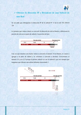  Obtener la dirección IP y Broadcast de una Subred de
       una Red

Se nos pide que obtengamos la dirección IP de la subred Nº 15 de la red 192.168.0.0
/29.


Lo primero que vamos a hacer es convertir la dirección de red en binario y diferenciar la
porción de red con su parte de subred y la porción de host.




Una vez que tenemos esto hecho vamos a convertir el número 14 en binario, lo vamos a
agregar a la parte de subred y lo volvemos a convertir a decimal. Convertimos el
número 14 y no el 15 porque la primer subred va a ser la subred 0, por eso siempre que
tengamos que obtener una subred debemos descontarle 1.




                                                                               Página 25
 