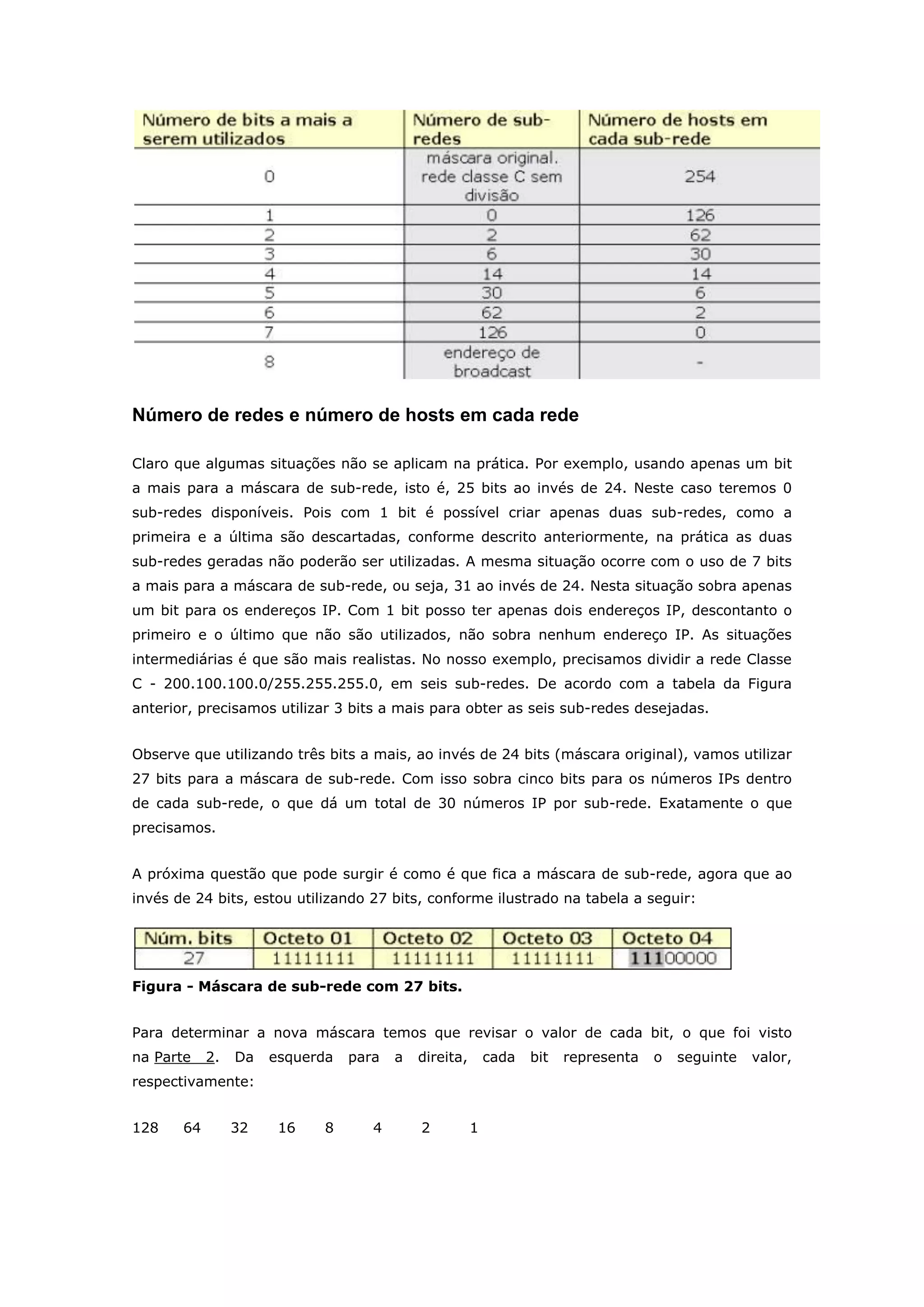 Número de redes e número de hosts em cada rede
Claro que algumas situações não se aplicam na prática. Por exemplo, usando apenas um bit
a mais para a máscara de sub-rede, isto é, 25 bits ao invés de 24. Neste caso teremos 0
sub-redes disponíveis. Pois com 1 bit é possível criar apenas duas sub-redes, como a
primeira e a última são descartadas, conforme descrito anteriormente, na prática as duas
sub-redes geradas não poderão ser utilizadas. A mesma situação ocorre com o uso de 7 bits
a mais para a máscara de sub-rede, ou seja, 31 ao invés de 24. Nesta situação sobra apenas
um bit para os endereços IP. Com 1 bit posso ter apenas dois endereços IP, descontanto o
primeiro e o último que não são utilizados, não sobra nenhum endereço IP. As situações
intermediárias é que são mais realistas. No nosso exemplo, precisamos dividir a rede Classe
C - 200.100.100.0/255.255.255.0, em seis sub-redes. De acordo com a tabela da Figura
anterior, precisamos utilizar 3 bits a mais para obter as seis sub-redes desejadas.
Observe que utilizando três bits a mais, ao invés de 24 bits (máscara original), vamos utilizar
27 bits para a máscara de sub-rede. Com isso sobra cinco bits para os números IPs dentro
de cada sub-rede, o que dá um total de 30 números IP por sub-rede. Exatamente o que
precisamos.
A próxima questão que pode surgir é como é que fica a máscara de sub-rede, agora que ao
invés de 24 bits, estou utilizando 27 bits, conforme ilustrado na tabela a seguir:
Figura - Máscara de sub-rede com 27 bits.
Para determinar a nova máscara temos que revisar o valor de cada bit, o que foi visto
na Parte 2. Da esquerda para a direita, cada bit representa o seguinte valor,
respectivamente:
128 64 32 16 8 4 2 1
 