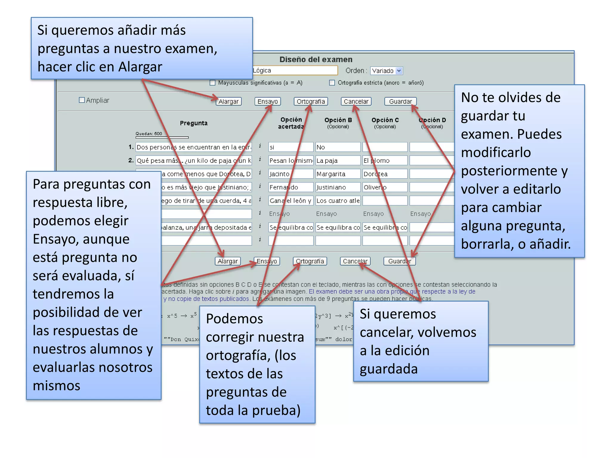 Si queremos añadir más
preguntas a nuestro examen,
hacer clic en Alargar

                                                           No te olvides de
                                                           guardar tu
                                                           examen. Puedes
                                                           modificarlo
                                                           posteriormente y
Para preguntas con                                         volver a editarlo
respuesta libre,                                           para cambiar
podemos elegir                                             alguna pregunta,
Ensayo, aunque                                             borrarla, o añadir.
está pregunta no
será evaluada, sí
tendremos la
posibilidad de ver       Podemos            Si queremos
las respuestas de        corregir nuestra   cancelar, volvemos
nuestros alumnos y       ortografía, (los   a la edición
evaluarlas nosotros      textos de las      guardada
mismos                   preguntas de
                         toda la prueba)
 